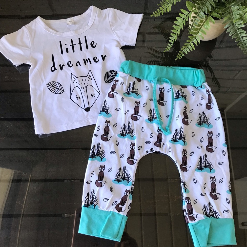 Little Dreamer Infant Outfit White Teal Foxes